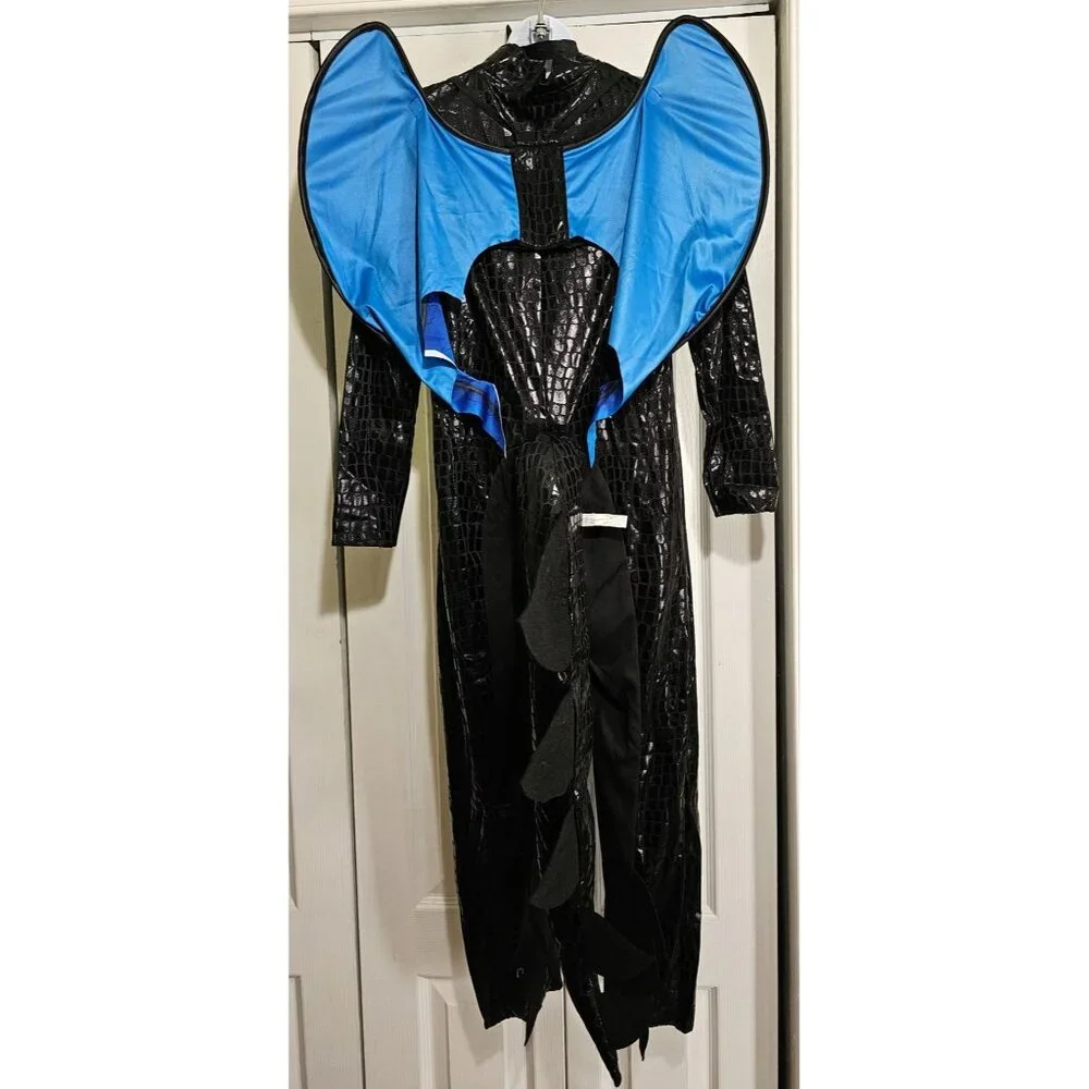 Deadly Dragon Kids Costume Black Blue scales Mask Tail Wings Halloween Boys 8-10